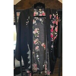 Vintage Kyoto Women's Blue Japanese Floral Made in Japan Robe Kimono 42 in.